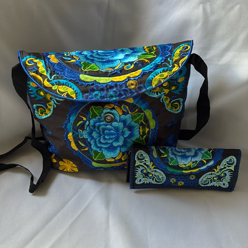 Set of 2 pcs dark blue floral embroidered 100% polyester sling bag and wallet